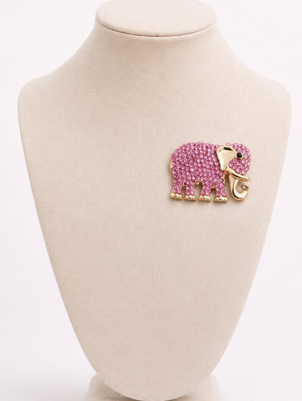 Pink Rhinestone Elephant Brooch Gold Tone Sparkly Statement Pin